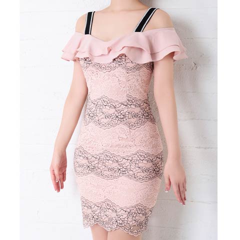7/29新作!【ポイント20倍】[Andy]ボーダーレースラインフリルオフショルダータイトミニ丈キャバドレス[AN-OK2310](ピンクベージュ-Sサイズ)