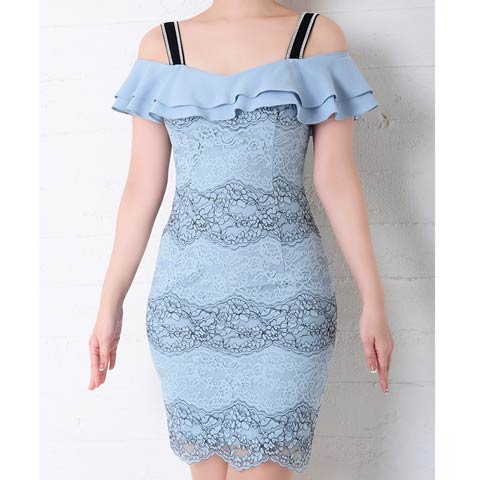 7/29新作!【ポイント20倍】[Andy]ボーダーレースラインフリルオフショルダータイトミニ丈キャバドレス[AN-OK2310](ブルー-Sサイズ)