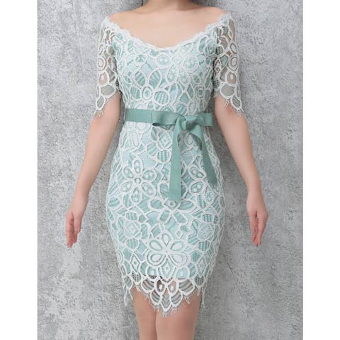 7/29新作!【ポイント20倍】[Andy]シアーフラワーレースリボンベルト五分袖タイトミニ丈キャバドレス[AN-OK2338](ミント-Sサイズ)
