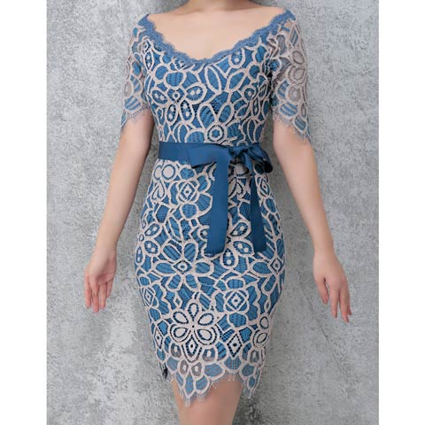 7/29新作!【ポイント20倍】[Andy]シアーフラワーレースリボンベルト五分袖タイトミニ丈キャバドレス[AN-OK2338](ブルー×ピンク-Sサイズ)