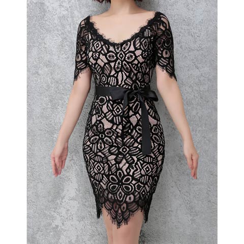 7/29新作!【ポイント20倍】[Andy]シアーフラワーレースリボンベルト五分袖タイトミニ丈キャバドレス[AN-OK2338](ブラック×ベージュ-Sサイズ)