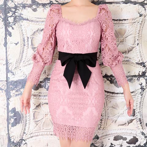 8/25新作!【dazzy特別価格】[Andy]フラワーレースロングスリーブウエストリボンタイトミニ丈キャバドレス[AN-OK2322](ピンク×ブラック-Sサイズ)