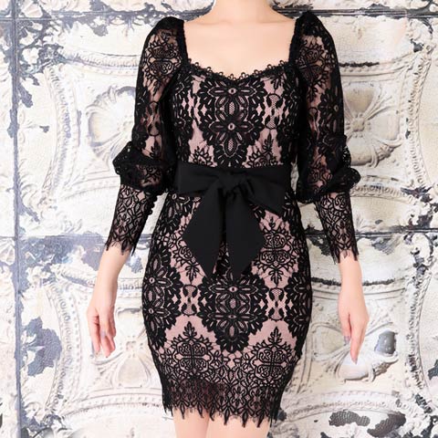 8/25新作!【dazzy特別価格】[Andy]フラワーレースロングスリーブウエストリボンタイトミニ丈キャバドレス[AN-OK2322](ブラック×ベージュ-Sサイズ)