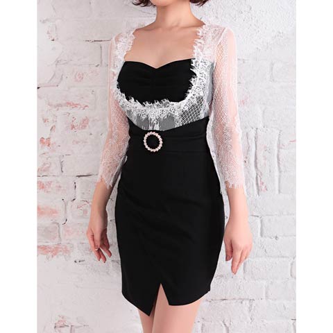 8/25新作!【dazzy特別価格】[Andy]フロントギャザーシアーレースビジューバックルタイトミニ丈キャバドレス[AN-OK2350](ホワイト×ブラック-Sサイズ)