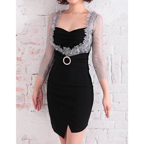 8/25新作!【dazzy特別価格】[Andy]フロントギャザーシアーレースビジューバックルタイトミニ丈キャバドレス[AN-OK2350](グレー×ブラック-Sサイズ)