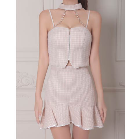 9/29新作!【dazzy特別価格】[an]ツイードビジューカットアメスリマーメイドミニセットアップ[AOC-3804](ベージュ-XSサイズ)