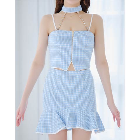 9/29新作!【dazzy特別価格】[an]ツイードビジューカットアメスリマーメイドミニセットアップ[AOC-3804](ブルー-XSサイズ)