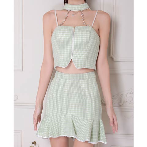 9/29新作!【dazzy特別価格】[an]ツイードビジューカットアメスリマーメイドミニセットアップ[AOC-3804](ミント-XSサイズ)