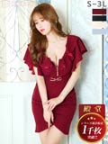 9/25再入荷! フロントジップフリル袖ベルトモチーフタイトミニ丈キャバドレス[S～3L/5サイズ展開][プチプラキャバドレス]*