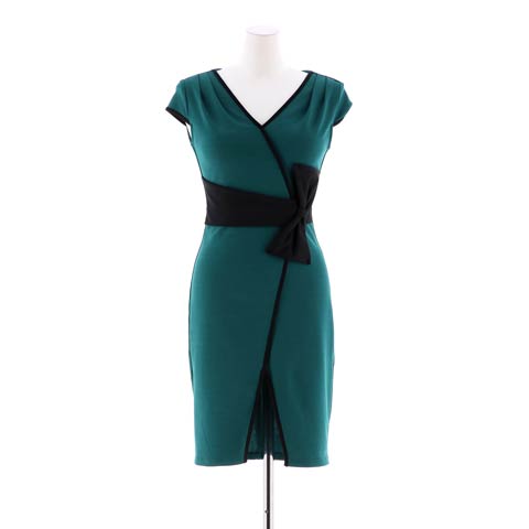 [S～LLサイズ]バイカラーパイピングリボンモチーフタイトミニドレス[4サイズ展開][プチプラドレス](ブルーグリーン-Sサイズ)