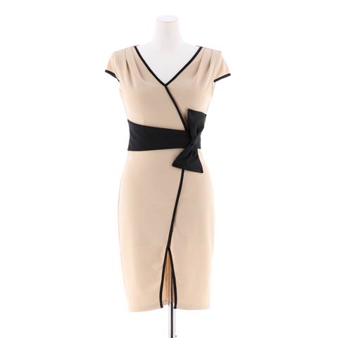 [S～LLサイズ]バイカラーパイピングリボンモチーフタイトミニドレス[4サイズ展開][プチプラドレス](ベージュ-Sサイズ)