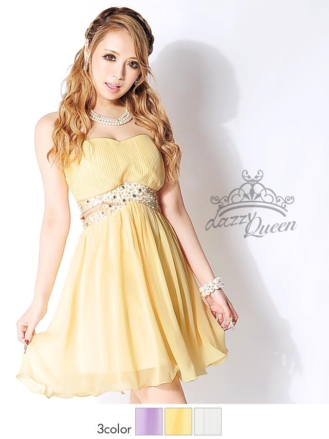 ビジュー付きウエストカットベアフレアミニドレス