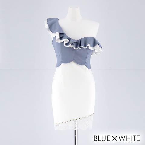 [SMLサイズ]バイカラーオフショルタイトミニドレス[3サイズ展開](ブルー×ホワイト-Sサイズ)