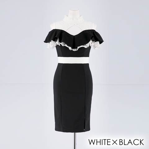 [SMLサイズ]デコルテレースハイネックフリルタイト膝丈ドレス[3サイズ展開](ホワイト×ブラック-S)