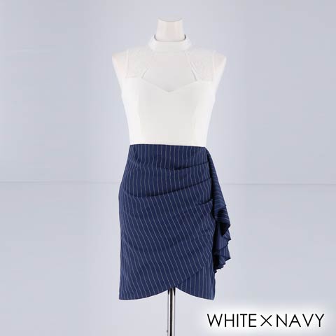 【盛りドレス】[XS～Lサイズ]デコルテオープンハイネックレースタイトミニドレス[4サイズ展開](ホワイト×ネイビー-XS)