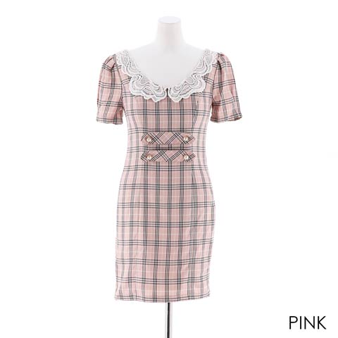 [SMLサイズ]袖付きガーリチェックタイトミニドレス[3サイズ展開](ピンク-Sサイズ)