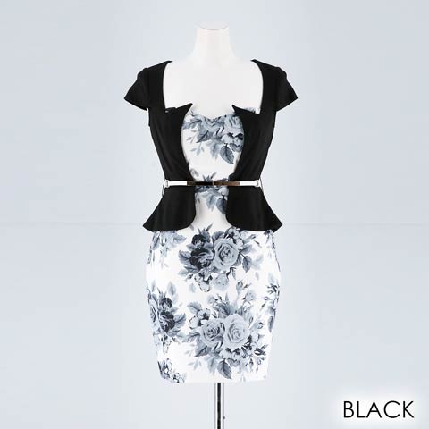 【応援ドレス】[SMLサイズ]フラワー柄ペプラムタイトミニドレス[3サイズ展開](ブラック-Sサイズ)