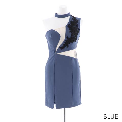[SMLサイズ]バラ刺繍入りワンショルダータイトミニドレス[3サイズ展開](ブルー-Sサイズ)