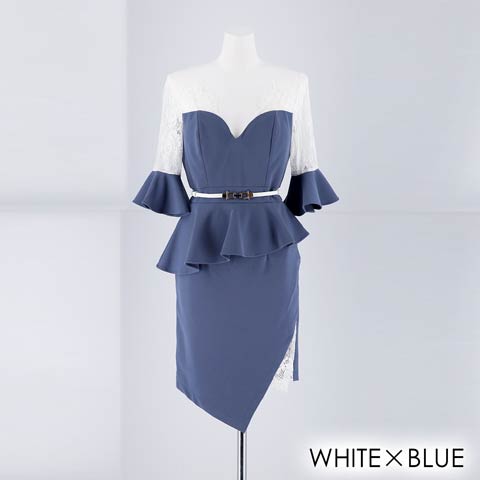 [SMLサイズ]スリットシアーレースタイトミニドレス[3サイズ展開](ホワイト×ブルー-Sサイズ)