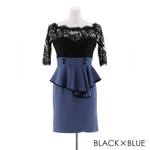 [SMLサイズ]5部袖配色カラータイトミニドレス[3サイズ展開](ブラック×ブルー-Sサイズ)