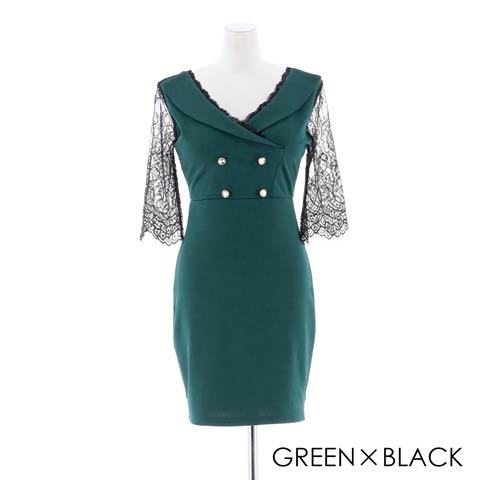 [S/Mサイズ]袖付きカシュクールタイトミニドレス[2サイズ展開](グリーン×ブラック-S)
