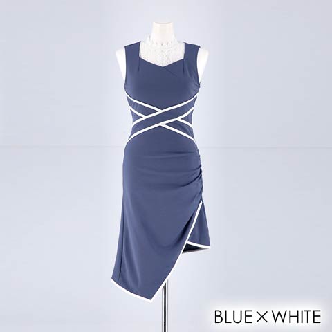 [XS～LLサイズ]ハイネックレースアシメデザインタイトアシメ膝丈ドレス[5サイズ展開](ブルーXホワイト-XSサイズ)