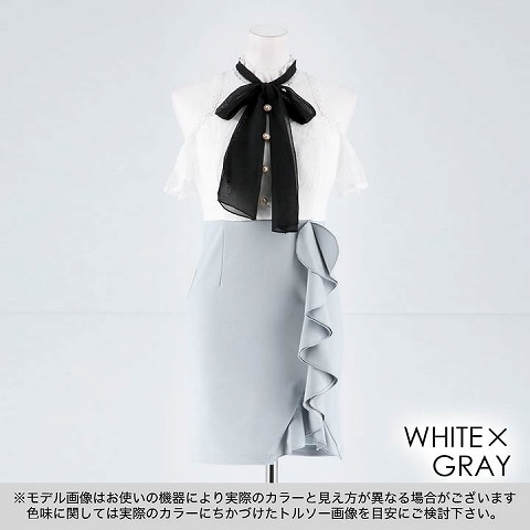 [SMLサイズ]ガーリーハイネックリボンタイトミニドレス[3サイズ展開](ホワイト×グレー-Sサイズ)