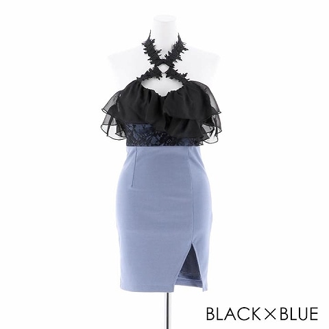 オフショルクロスタイトミニドレス(ブラック×ブルー-S)