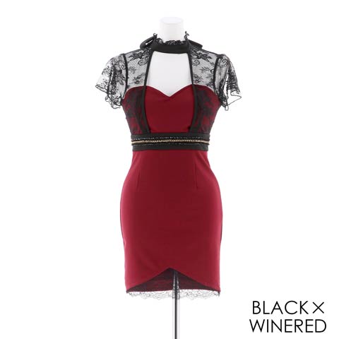 【盛りドレス】[SMLサイズ]バックリボンシースルーレースタイトミニドレス[3サイズ展開](ブラック×ワインレッド-S)