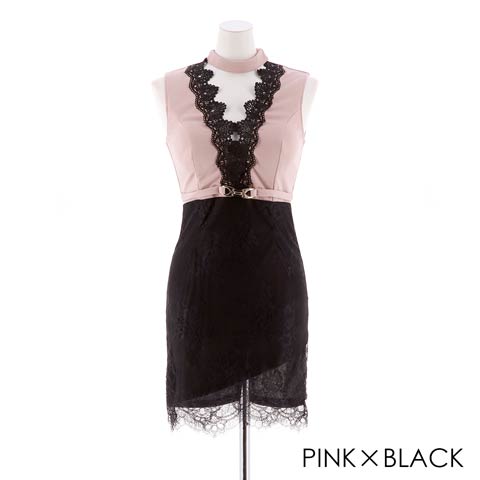【応援ドレス】[SMLサイズ]ホルターネックタイトミニドレス[3サイズ展開](ピンク×ブラック-Sサイズ)