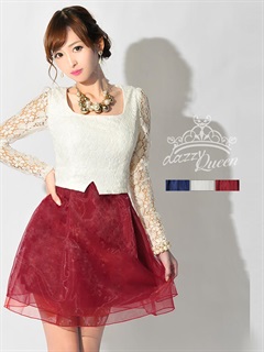 異素材MIX花柄レース袖付きAラインミニドレス