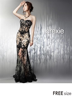 [drexie]透け素材MIX総レースベアインナーミニロングドレス[青田夏奈]