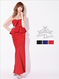 BIGリボン付きストレッチペプラムベアマーメイドラインロングドレス