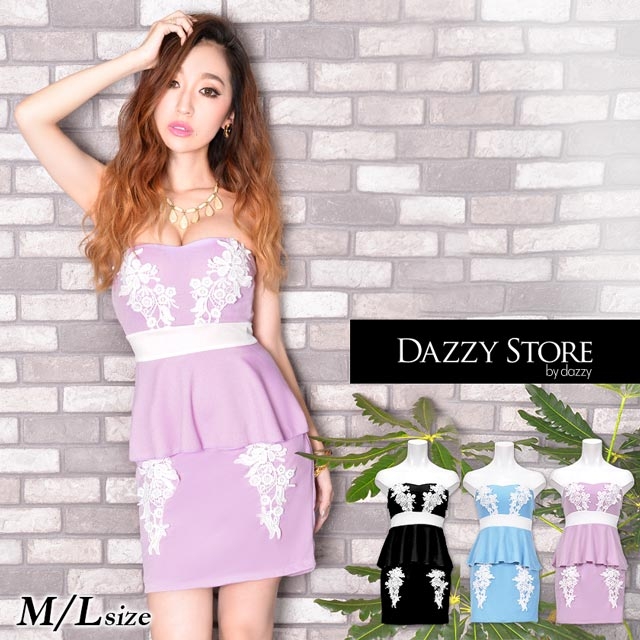 [ML/2サイズ]上品レースでお嬢様Style バイカラー刺繍レースベアペプラムタイトミニドレス