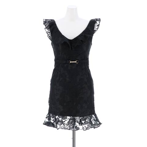 [SMLサイズ]フラワー刺繍シアーフリルベルトモチーフタイトミニドレス[3サイズ展開](ブラック-Sサイズ)