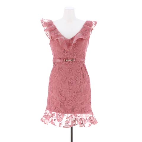 [SMLサイズ]フラワー刺繍シアーフリルベルトモチーフタイトミニドレス[3サイズ展開](ピンク-Sサイズ)