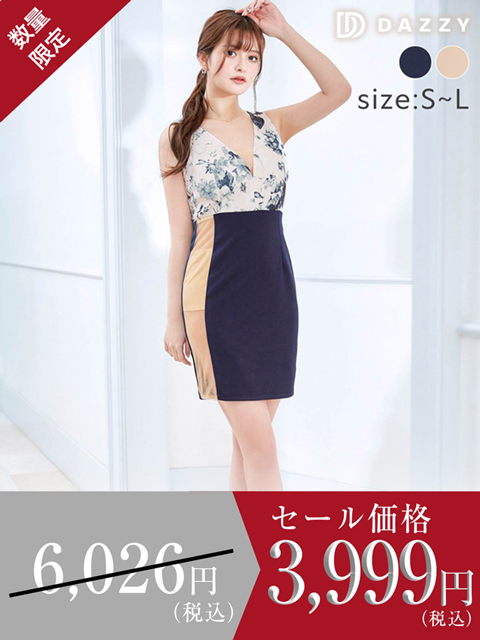 [SMLサイズ]ノースリーブフラワーサイドシースルータイトミニドレス[3サイズ展開]