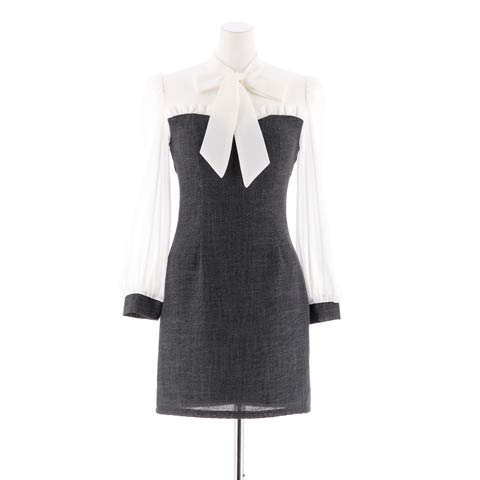 [SMLサイズ]シフォンリボンブラウスドッキング長袖タイトミニドレス[3サイズ展開](ブラック-Sサイズ)