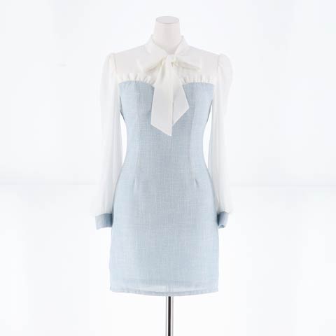 [SMLサイズ]シフォンリボンブラウスドッキング長袖タイトミニドレス[3サイズ展開](ブルー-Sサイズ)