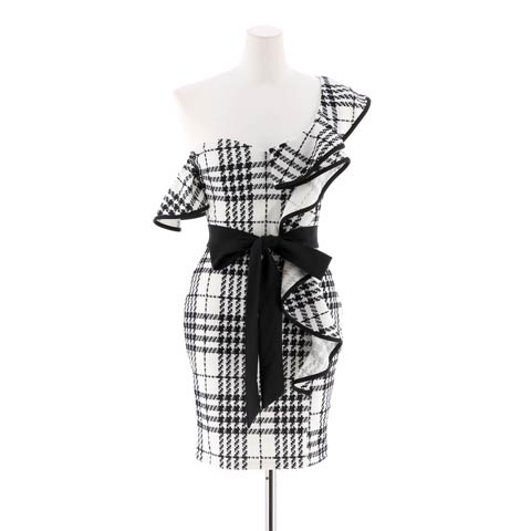 [SMLサイズ]チェックフリルリボン付きワンショルダータイトミニドレス[3サイズ展開](ブラックチェック-Sサイズ)