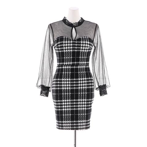 [SMLサイズ]グレンチェックドッキングシアー長袖タイトミニドレス[3サイズ展開](ブラック-Sサイズ)