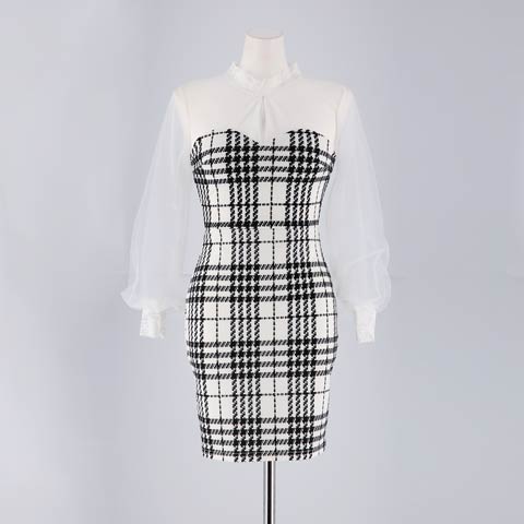[SMLサイズ]グレンチェックドッキングシアー長袖タイトミニドレス[3サイズ展開](ホワイト-Sサイズ)