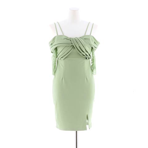 [SMLサイズ]オフショルダーツイストデザインレース袖タイトミニドレス[3サイズ展開](ピスタチオ-Sサイズ)