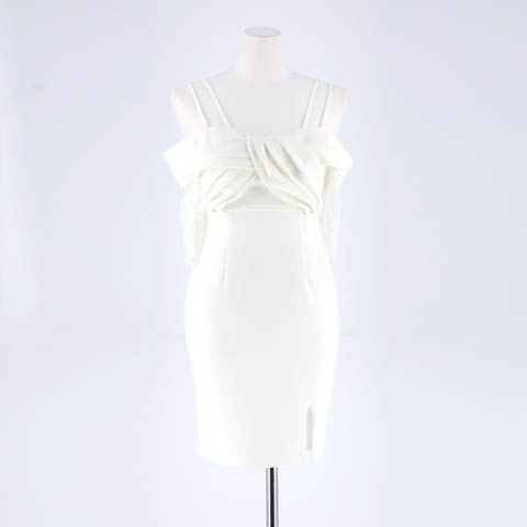 [SMLサイズ]オフショルダーツイストデザインレース袖タイトミニドレス[3サイズ展開](ホワイト-Sサイズ)