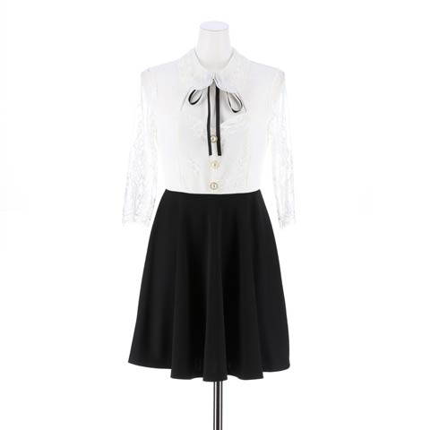 [SMLサイズ]ネックリボンフラワーレース襟付きAラインミニドレス[3サイズ展開](ホワイト×ブラック-Sサイズ)