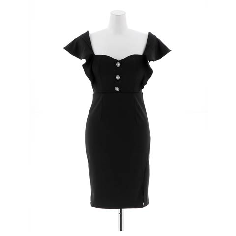 [SMLサイズ]ワンカラーボタンビジュースリット入りフリル袖タイトミニドレス[3サイズ展開](ブラック-Sサイズ)