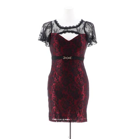 [SMLサイズ]フラワーレースカットアウトフレア袖タイトミニドレス[3サイズ展開](ワインレッド-Sサイズ)