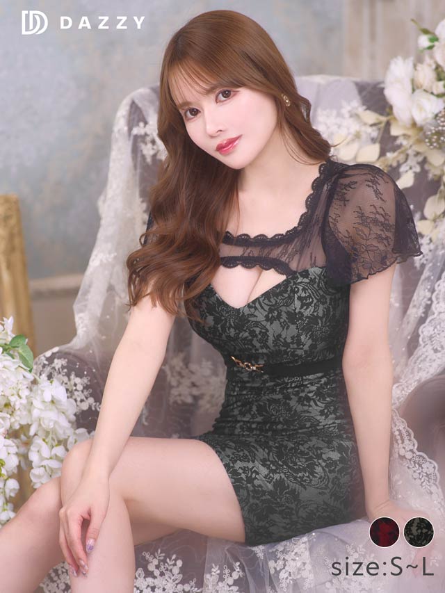 [SMLサイズ]フラワーレースカットアウトフレア袖タイトミニドレス[3サイズ展開]