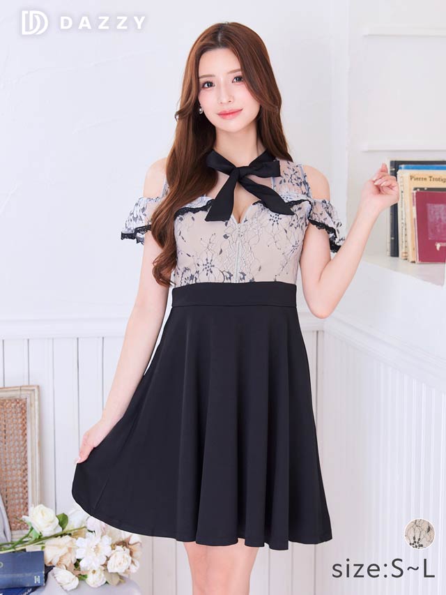 [SMLサイズ]フロントジップリボンオープンショルダーAラインミニドレス[3サイズ展開]