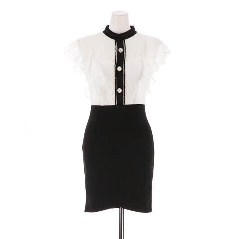 [SMLサイズ]シースルーレースパールボタンフリル袖タイトミニドレス[3サイズ展開](ブラックXホワイト-Sサイズ)